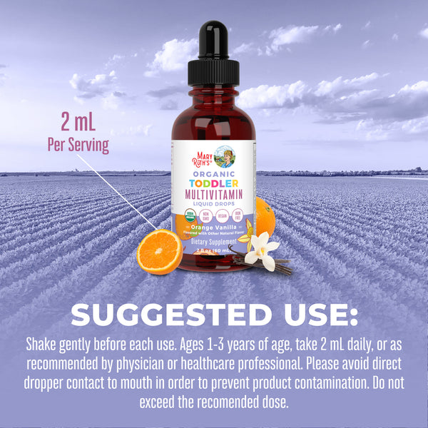 MaryRuth Organic Toddler Multivitamin Liquid Drops Orange Vanilla flavor Suggested Use