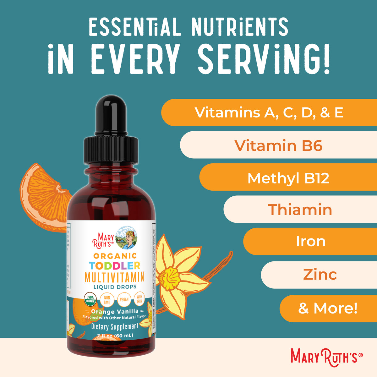 Organic Toddler Multivitamin Liquid Drops With Iron Orange Vanilla 2oz Ingredients