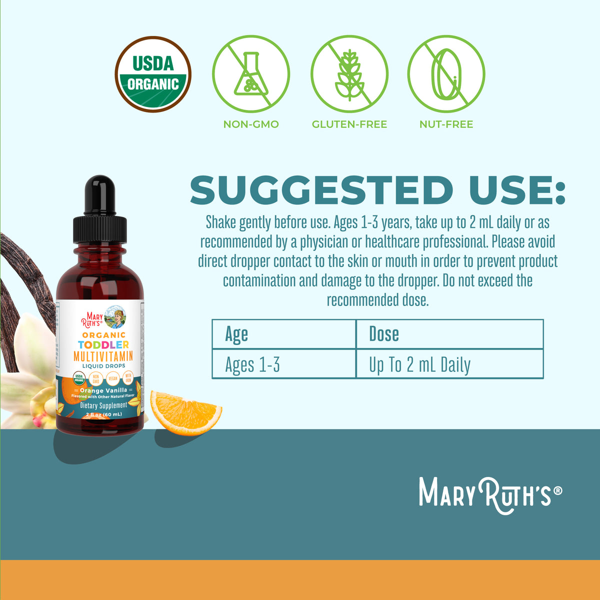 Organic Toddler Multivitamin Liquid Drops With Iron Orange Vanilla 2oz Suggested Use