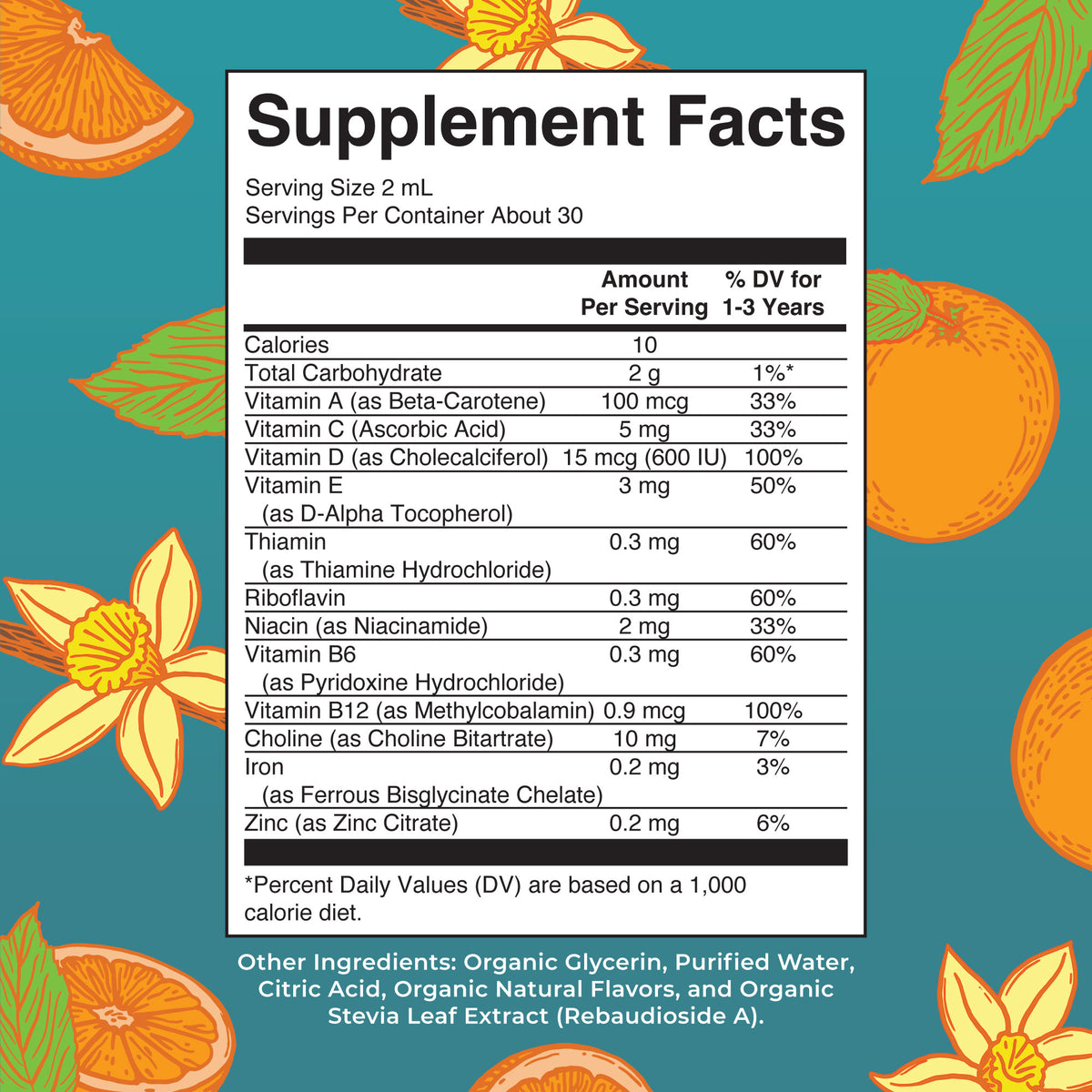Organic Toddler Multivitamin Liquid Drops With Iron Orange Vanilla 2oz Supplement Facts
