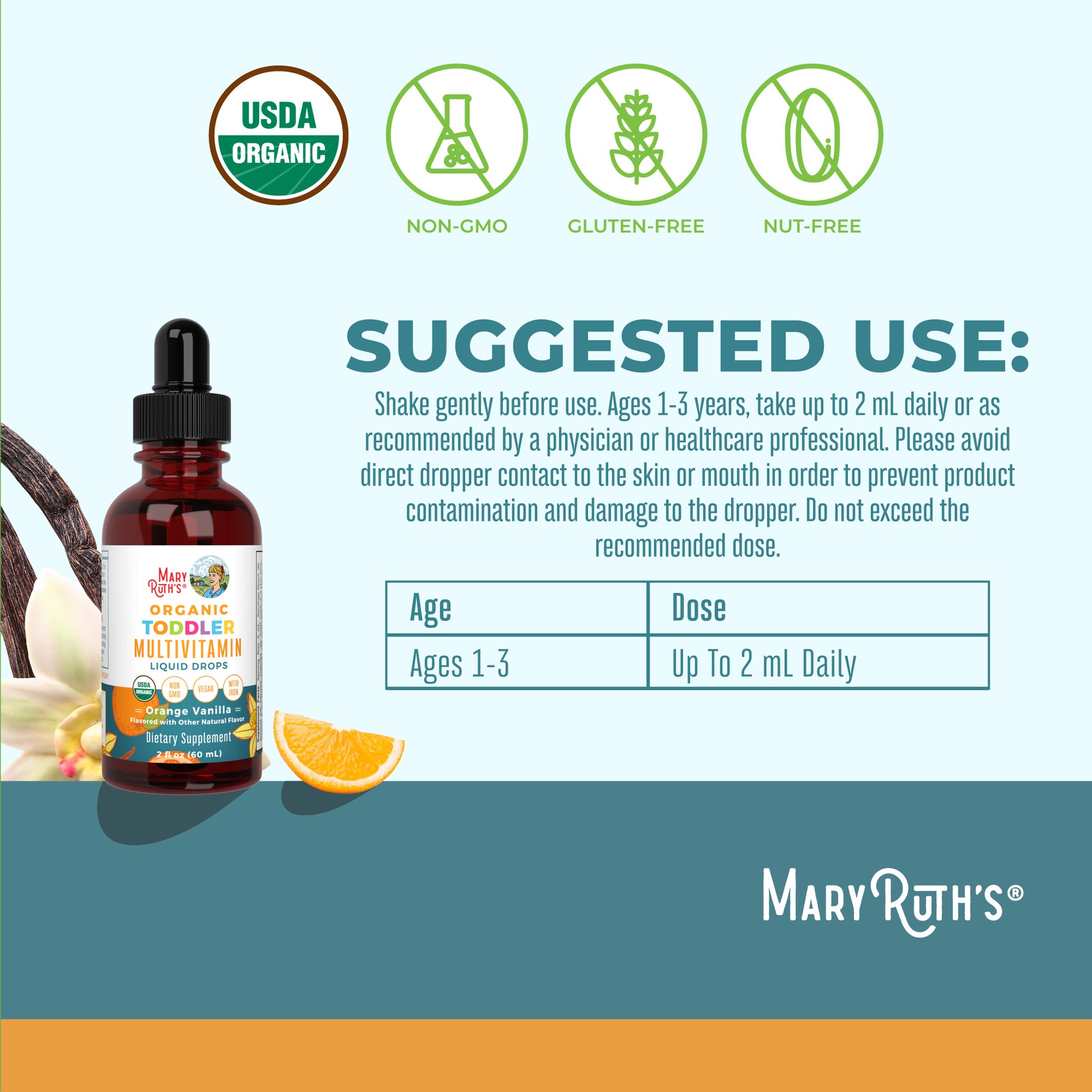 Organic Toddler Multivitamin Liquid Drops With Iron Suggested Use