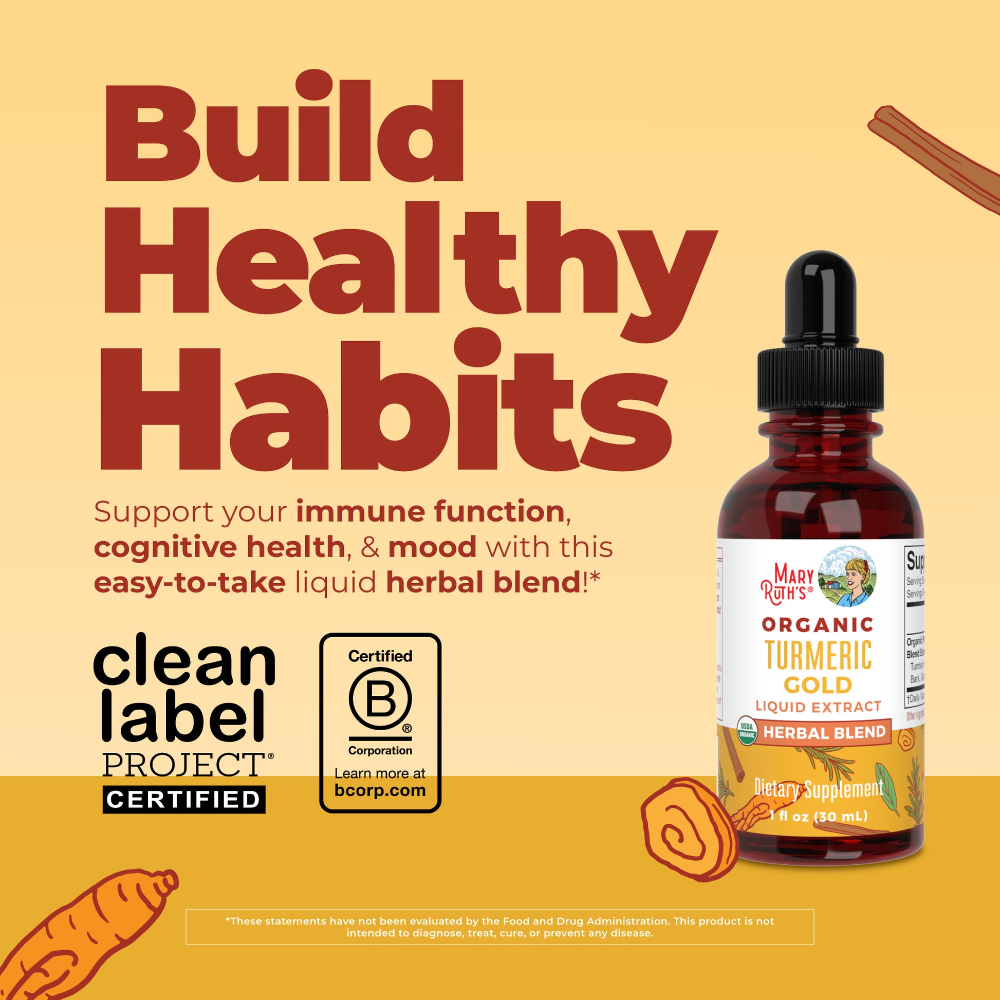 Organic Turmeric Gold Herbal Blend Liquid Drops 1oz Build Healthy Habits