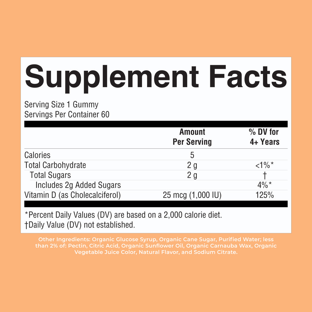 Organic Vitamin D3 Gummies Strawberry 60ct Supplement Facts