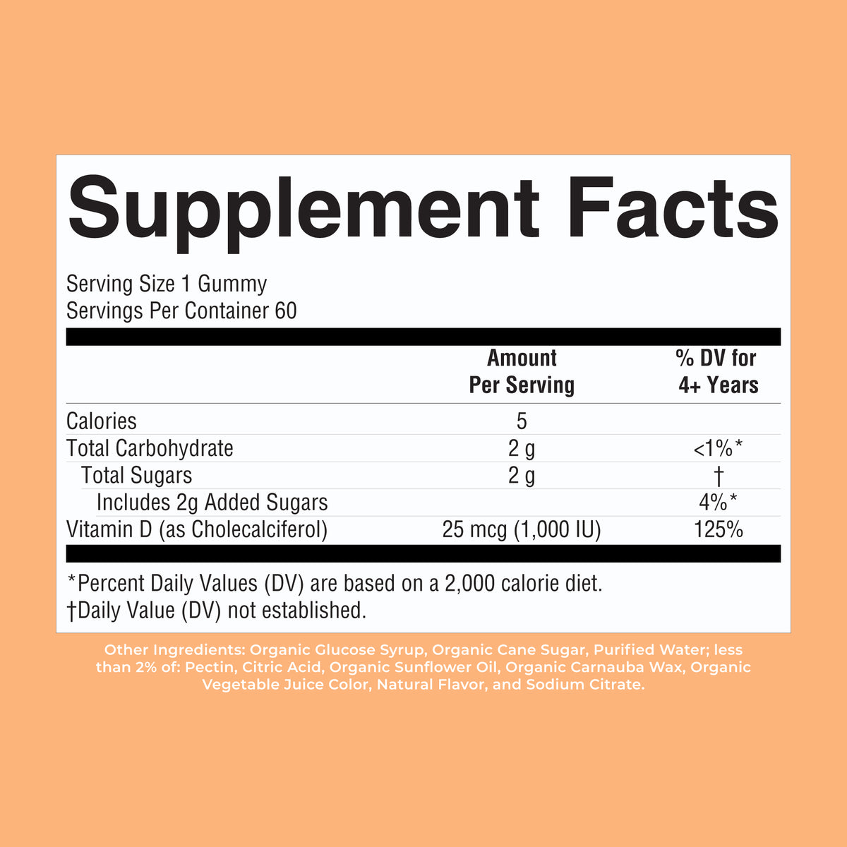 Organic Vitamin D3 Gummies Strawberry 60ct Supplement Facts