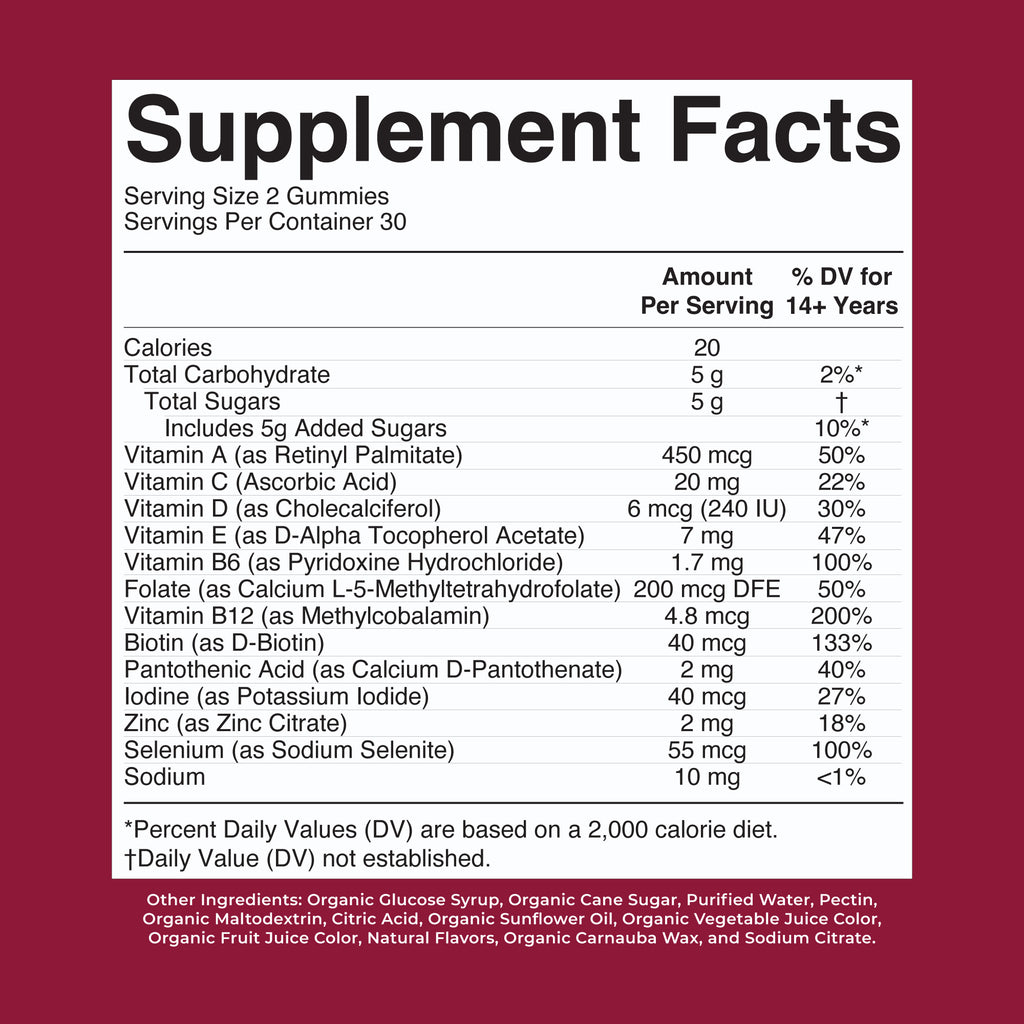 Organic Women's Multivitamin Gummies Cherry Raspberry 60CT Supplement Facts