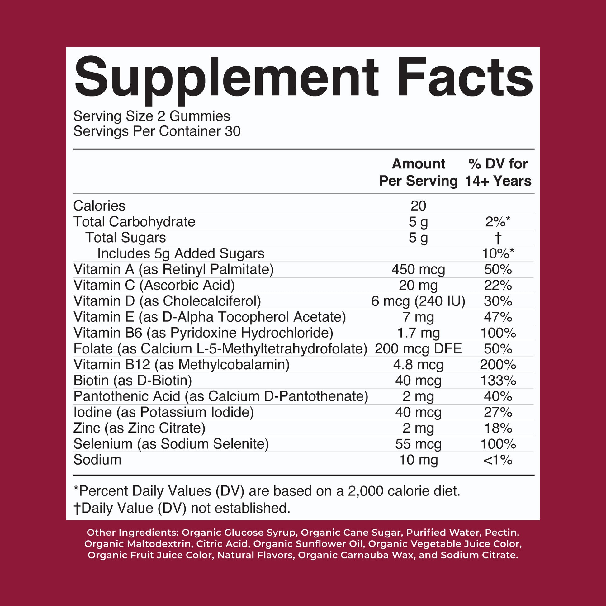 Organic Women's Multivitamin Gummies Cherry Raspberry 60CT Supplement Facts