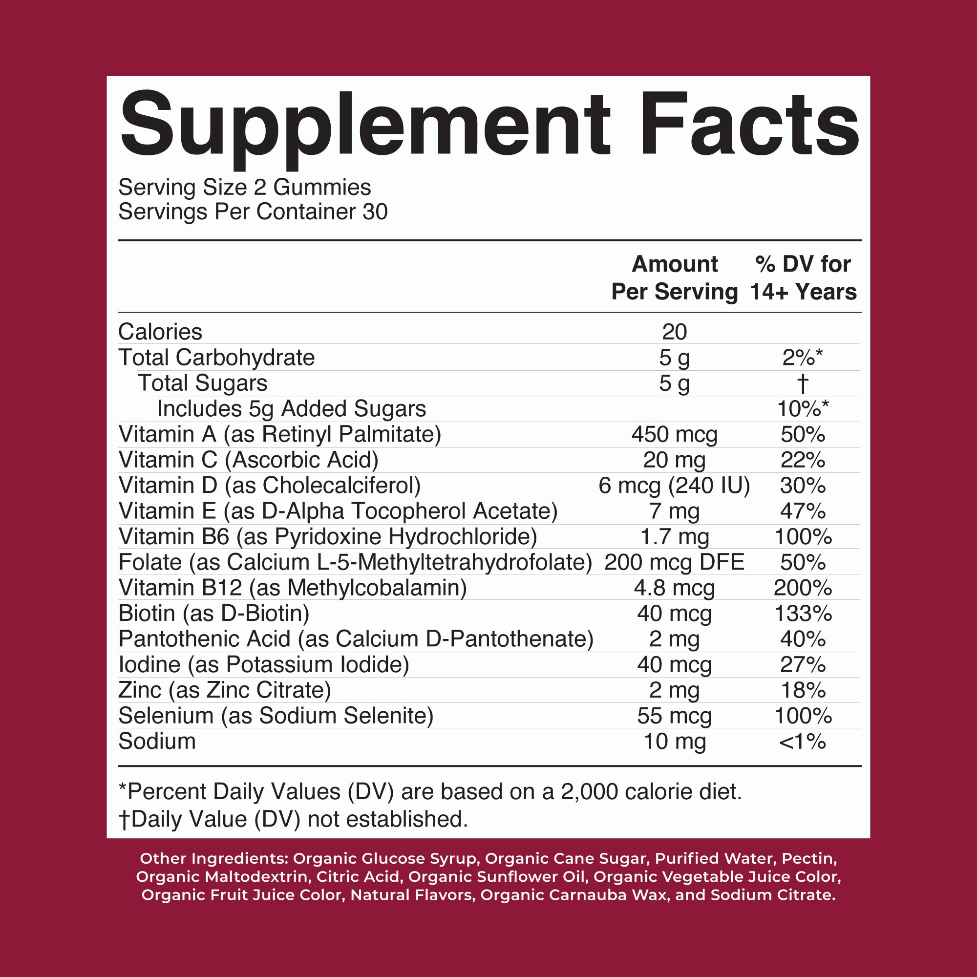 Organic Women's Multivitamin Gummies Cherry Raspberry 60CT Supplement Facts