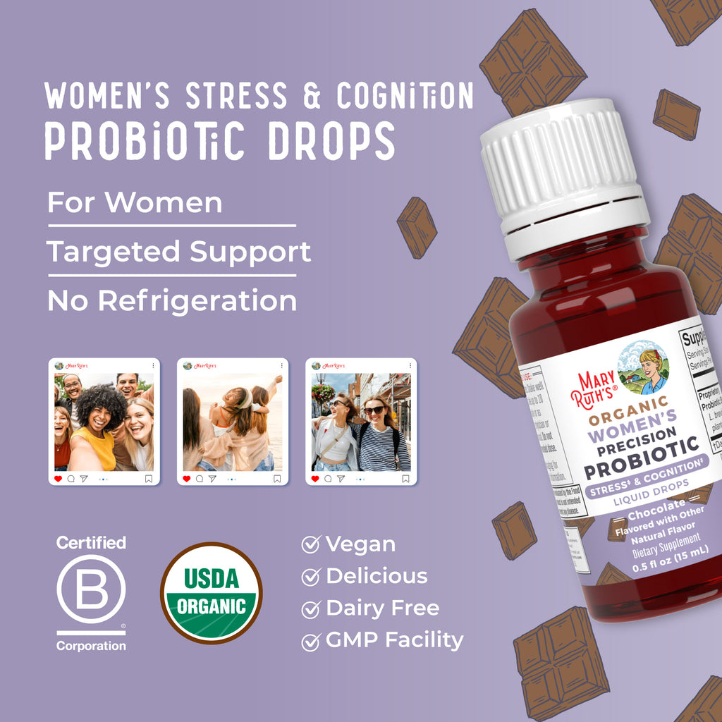 Organic Women's Precision Probiotic Stress & Cognition Liquid Drops Lifestyle Bottle