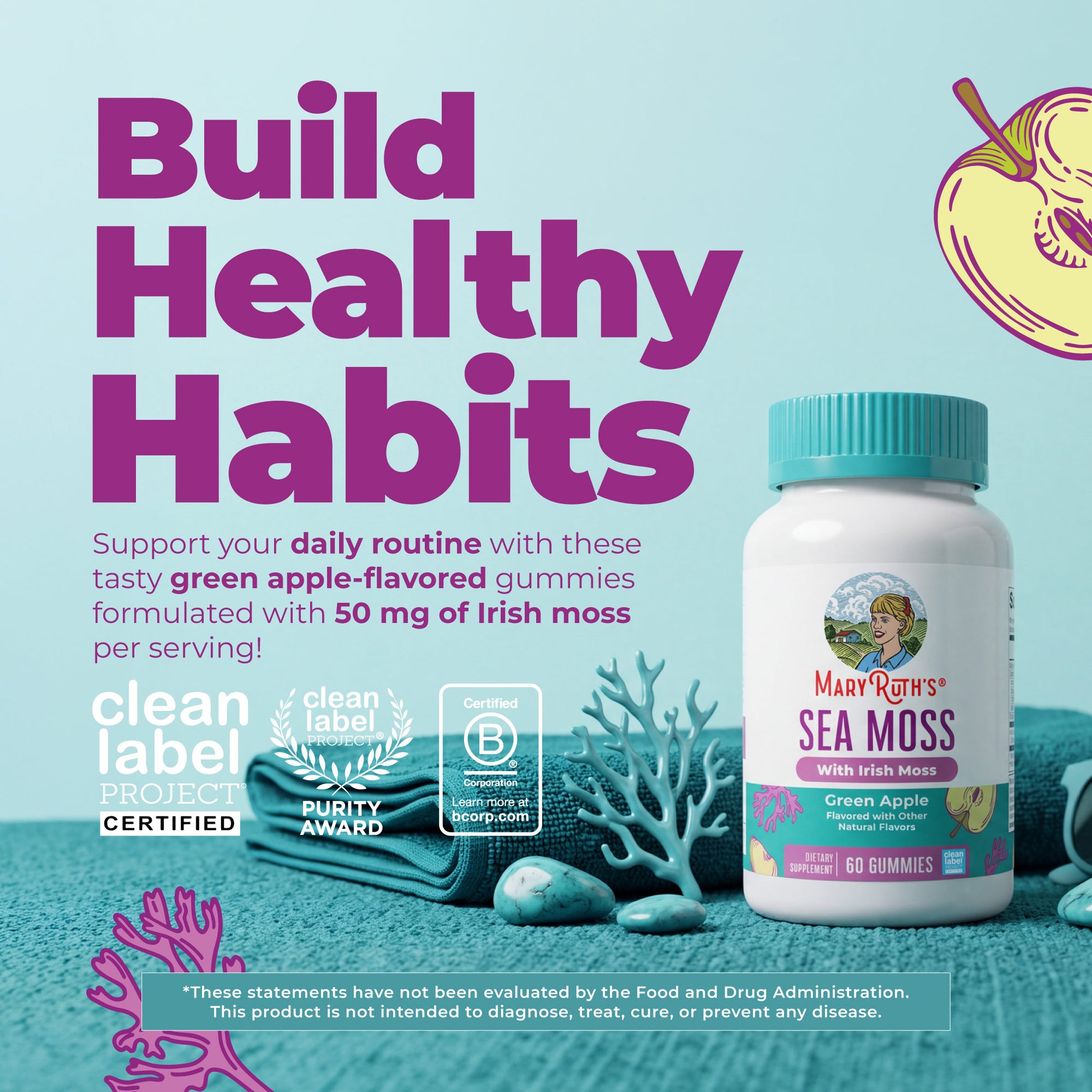 Sea Moss Gummies Green Apple 60ct Build Healthy Habits