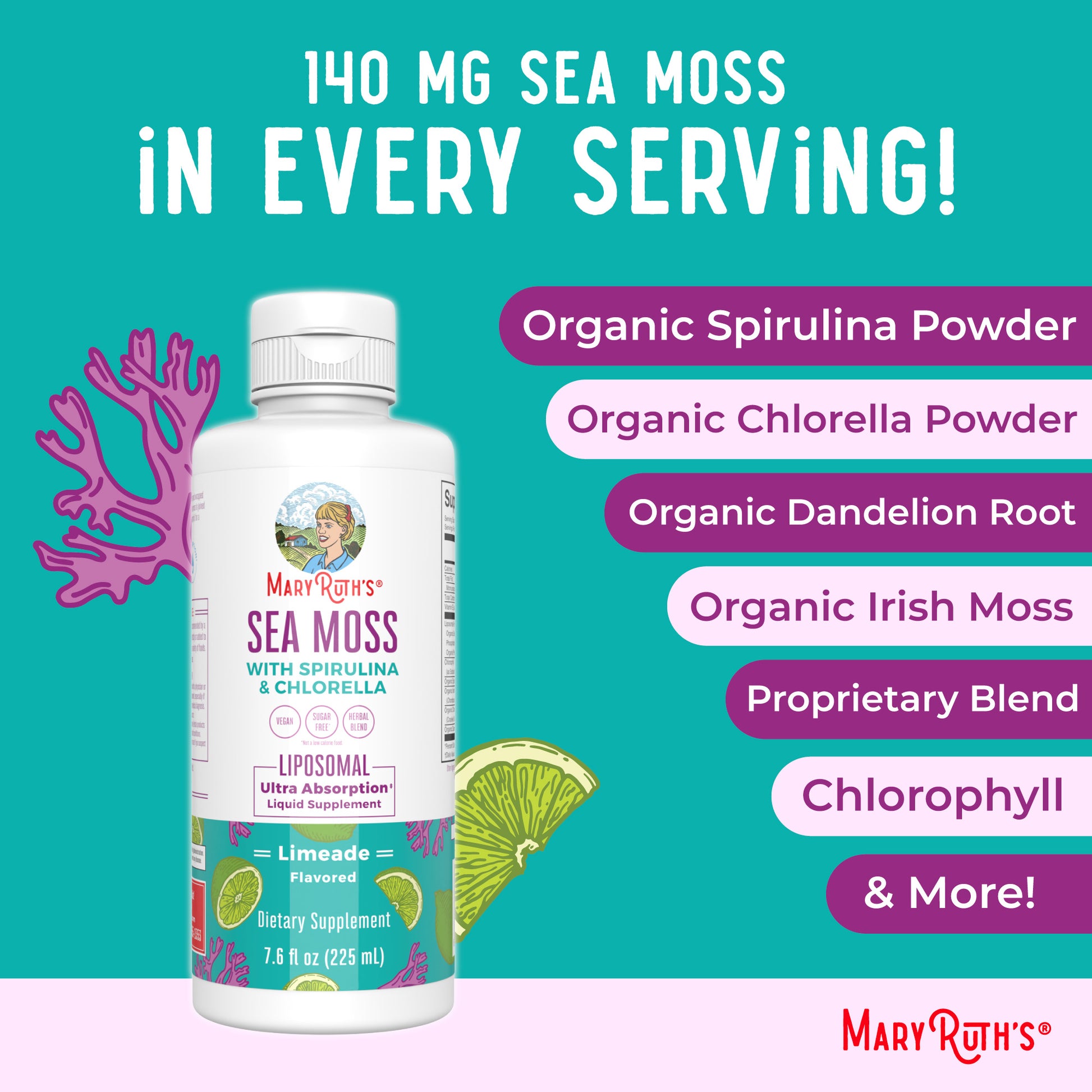 Sea Moss with Spirulina and Chlorella Liposomal (Limeade) 7 oz Ingredients