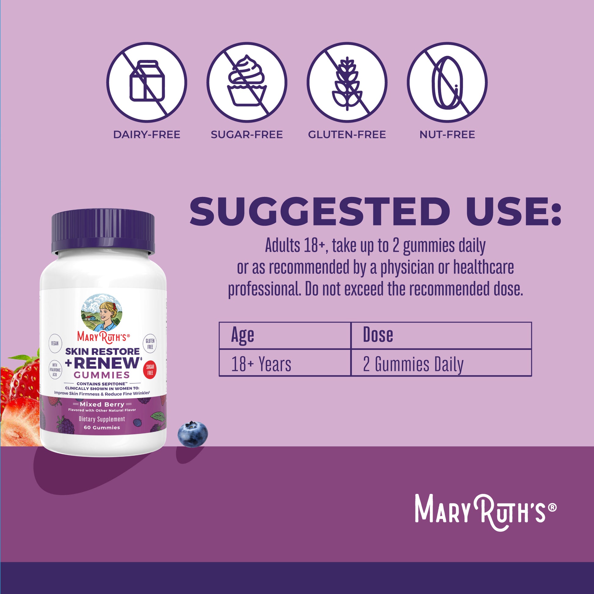 Skin Restore + Renew Gummies 60CT Mixed Berry Suggested Use