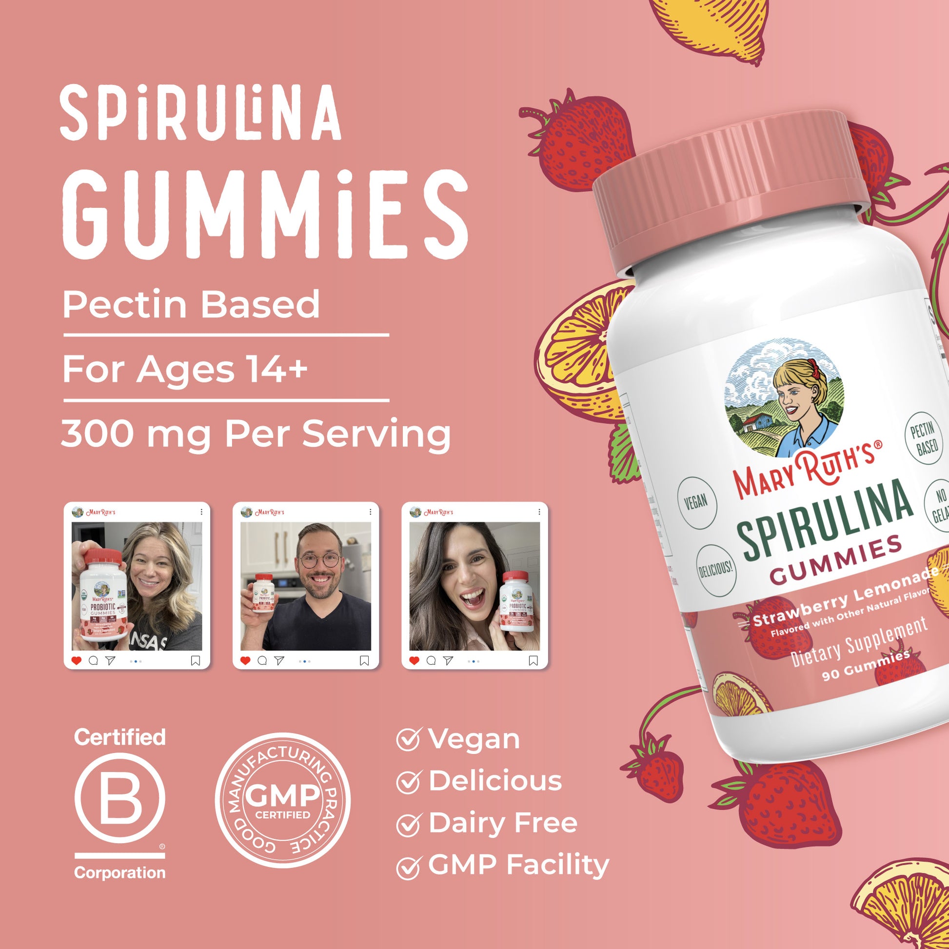 Spirulina Gummies (Strawberry Lemonade) 90 count Lifestyle Bottle