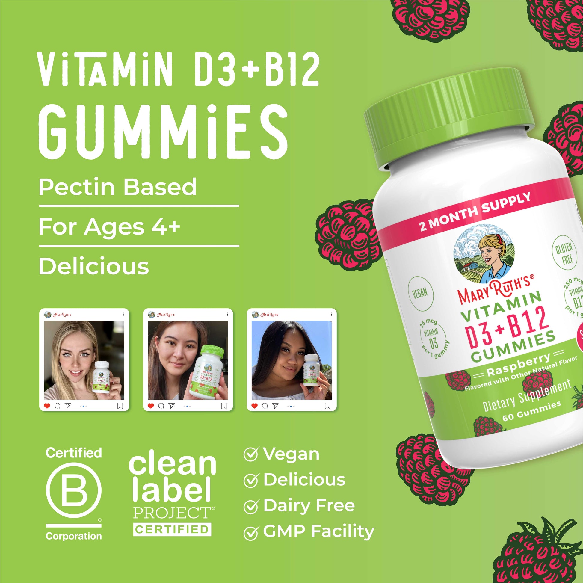 Sugar-Free D3 + B12 Gummies (Raspberry) 60 count Lifestyle Bottle