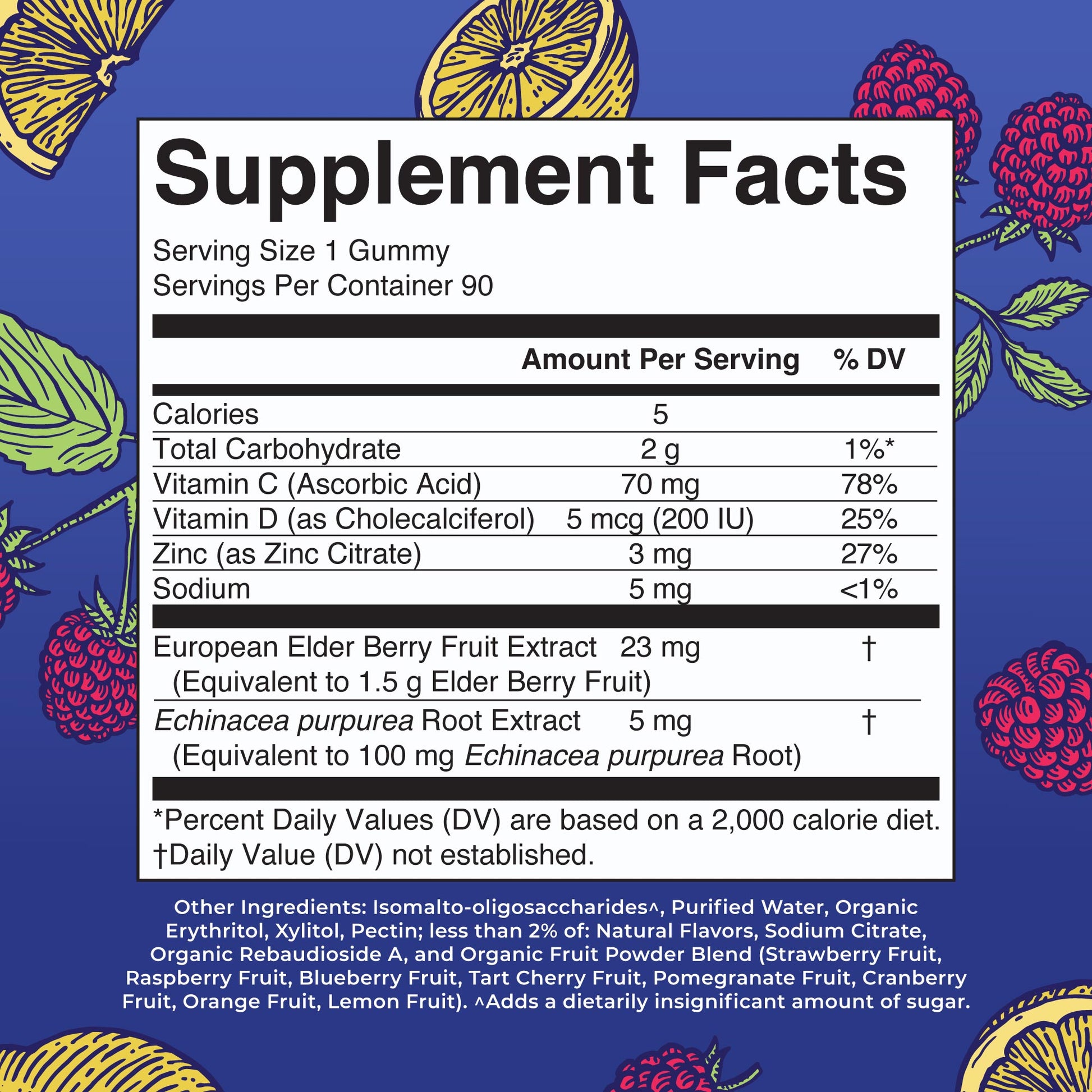 Sugar Free Immunity Gummies (Raspberry Lemonade) 90 count Supplement Facts
