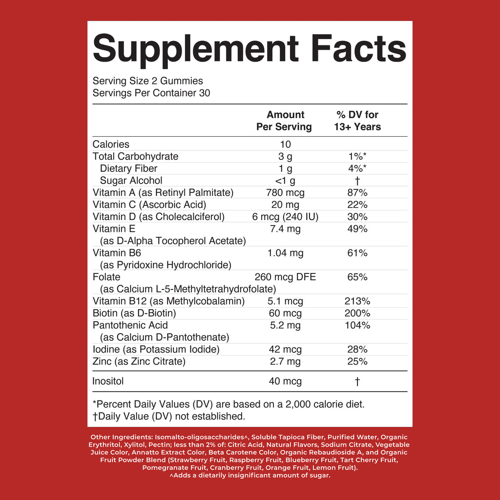 Teen Multivitamin Gummies Strawberry, Papaya, Super Punch 60ct Supplement Facts