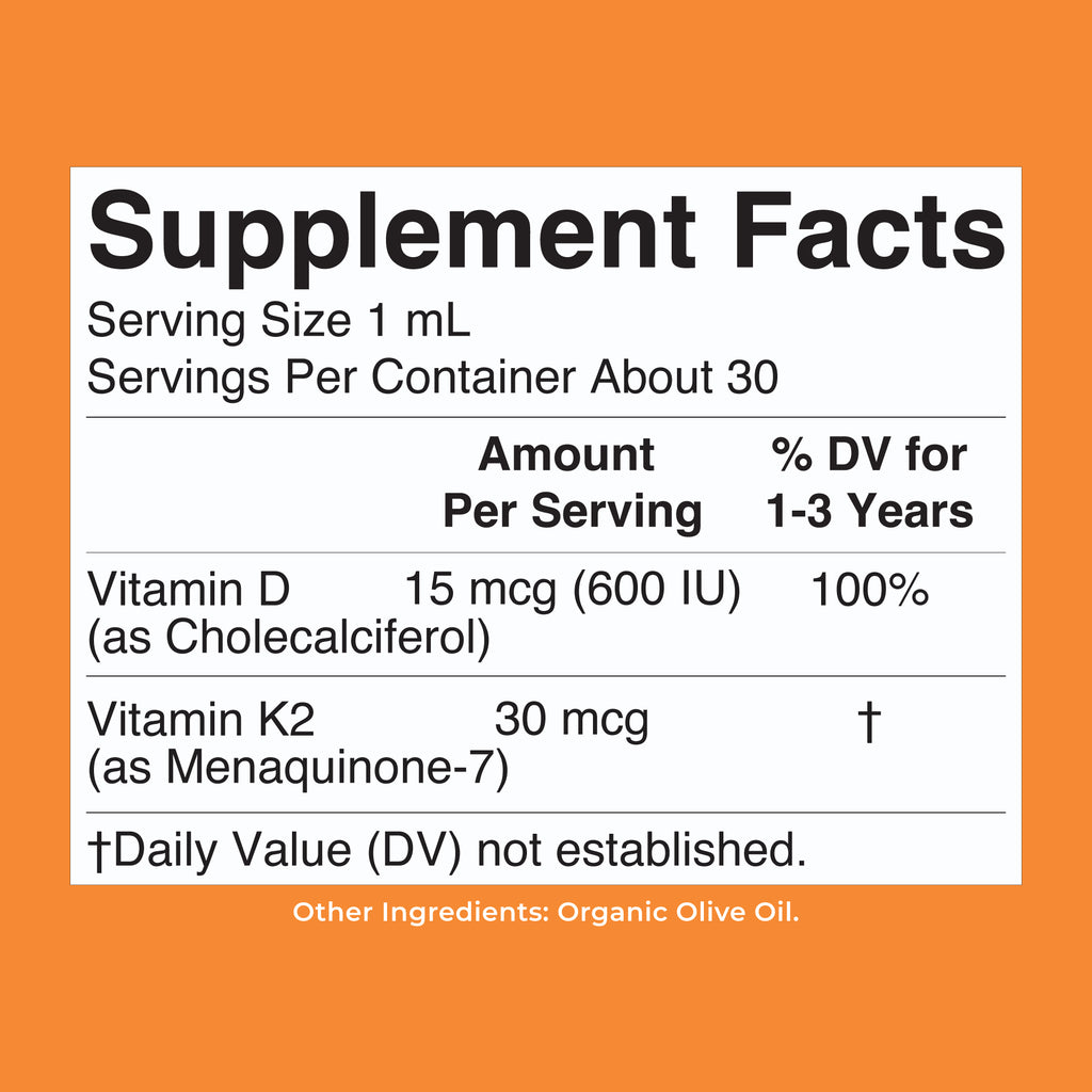 Toddler Vitamin D3 K2 Liquid Drops Unflavored 1oz Supplement Facts3
