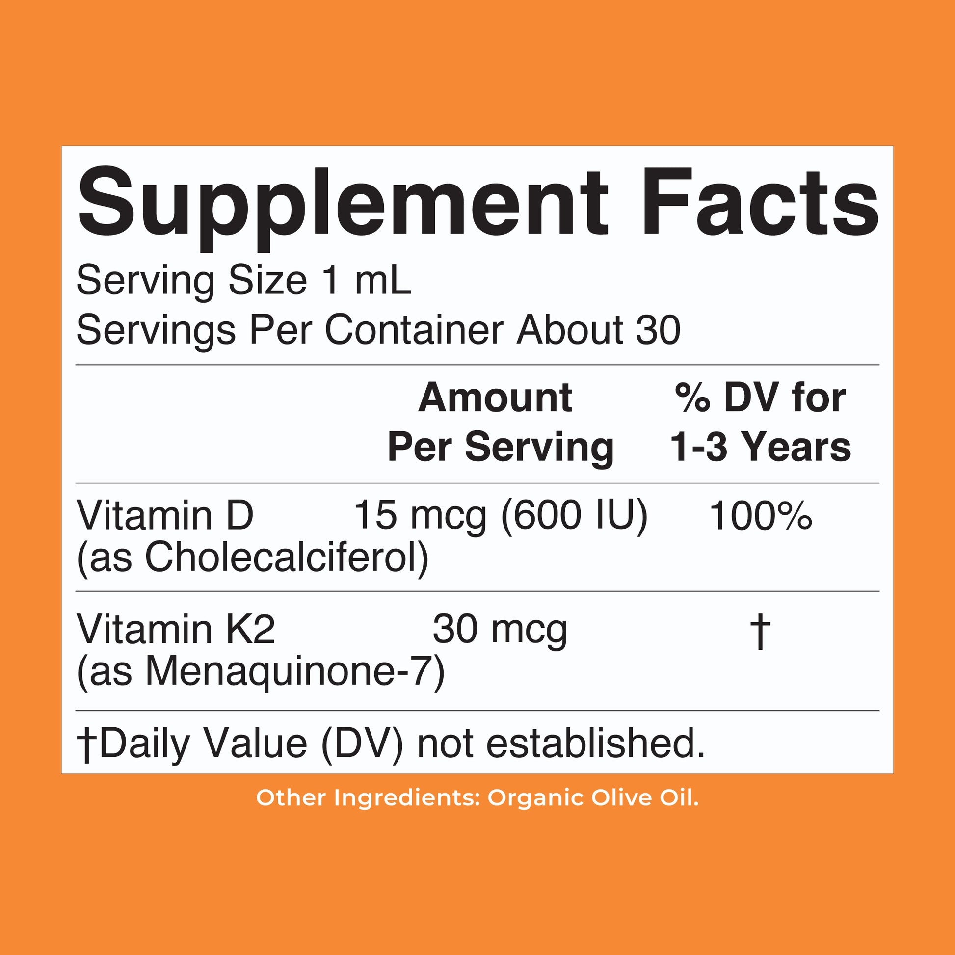 Toddler Vitamin D3 K2 Liquid Drops Unflavored 1oz Supplement Facts3