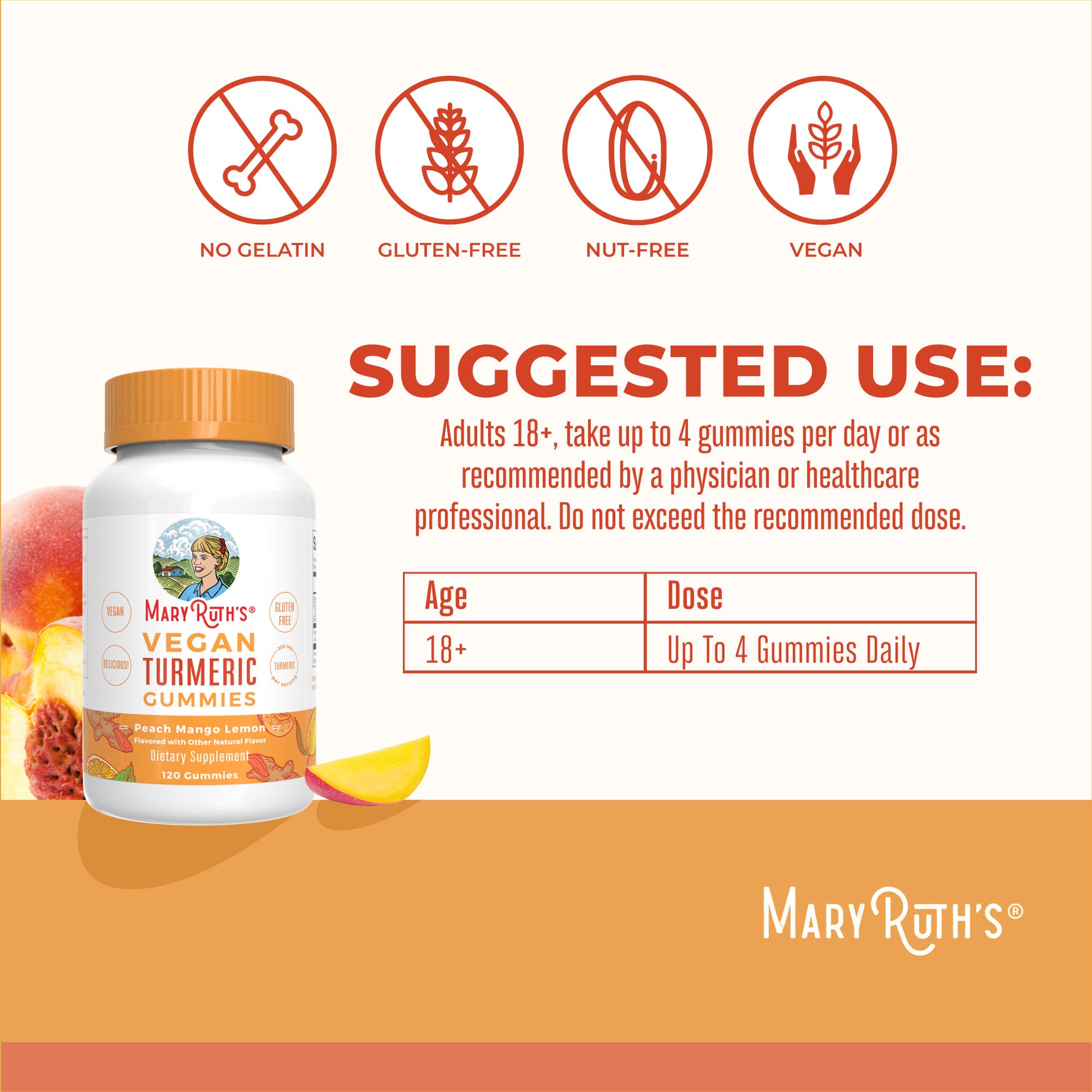 Turmeric Gummies (Peach Mango Lemon) 120 count Suggested Use