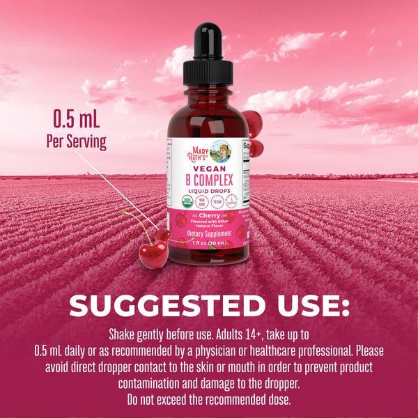 MaryRuth B-Complex Vitamins Liquid Drops Cherry Flavor Suggested Use