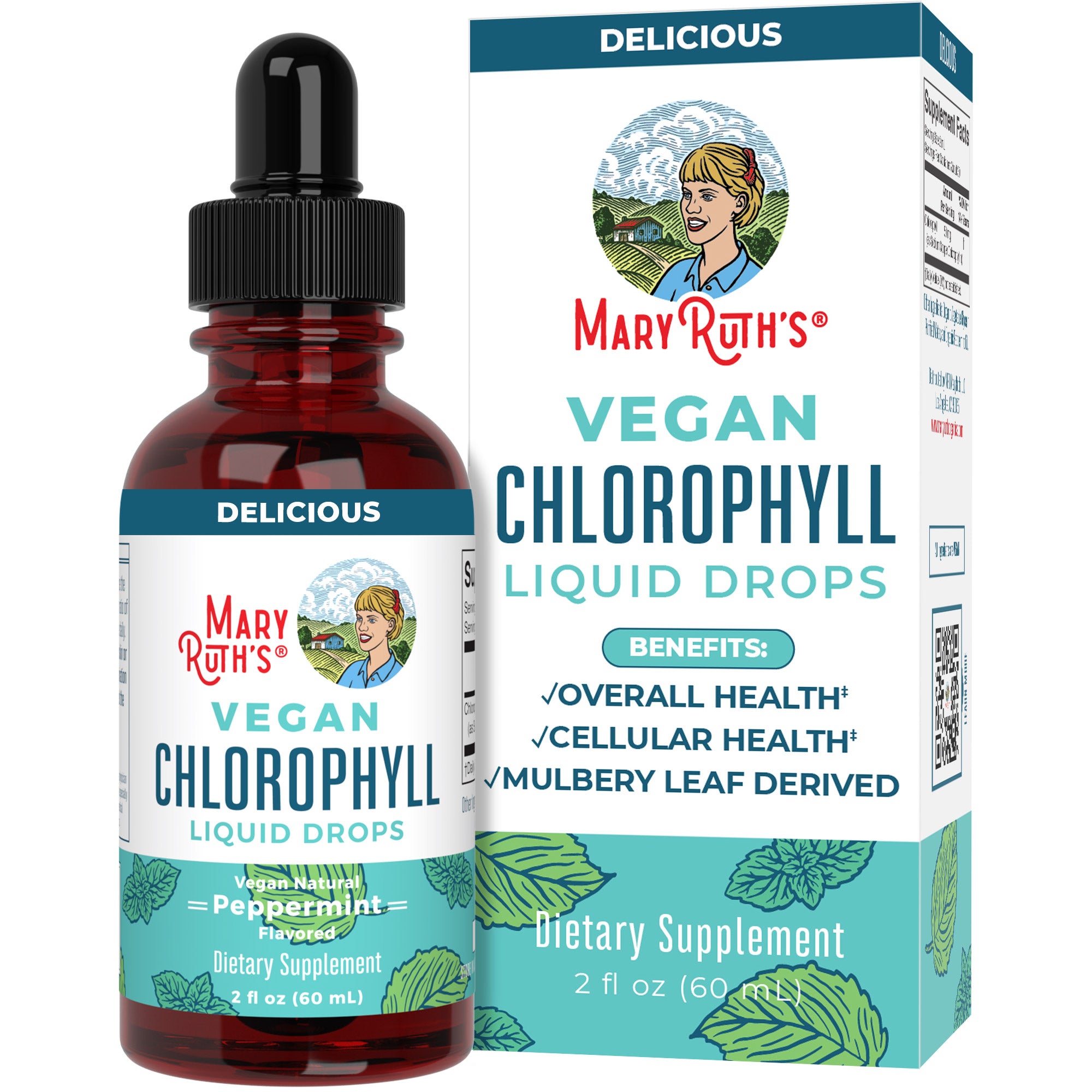 MaryRuth Vegan Chlorophyll Liquid Drops Peppermint Flavor Product Image Bottle + Box