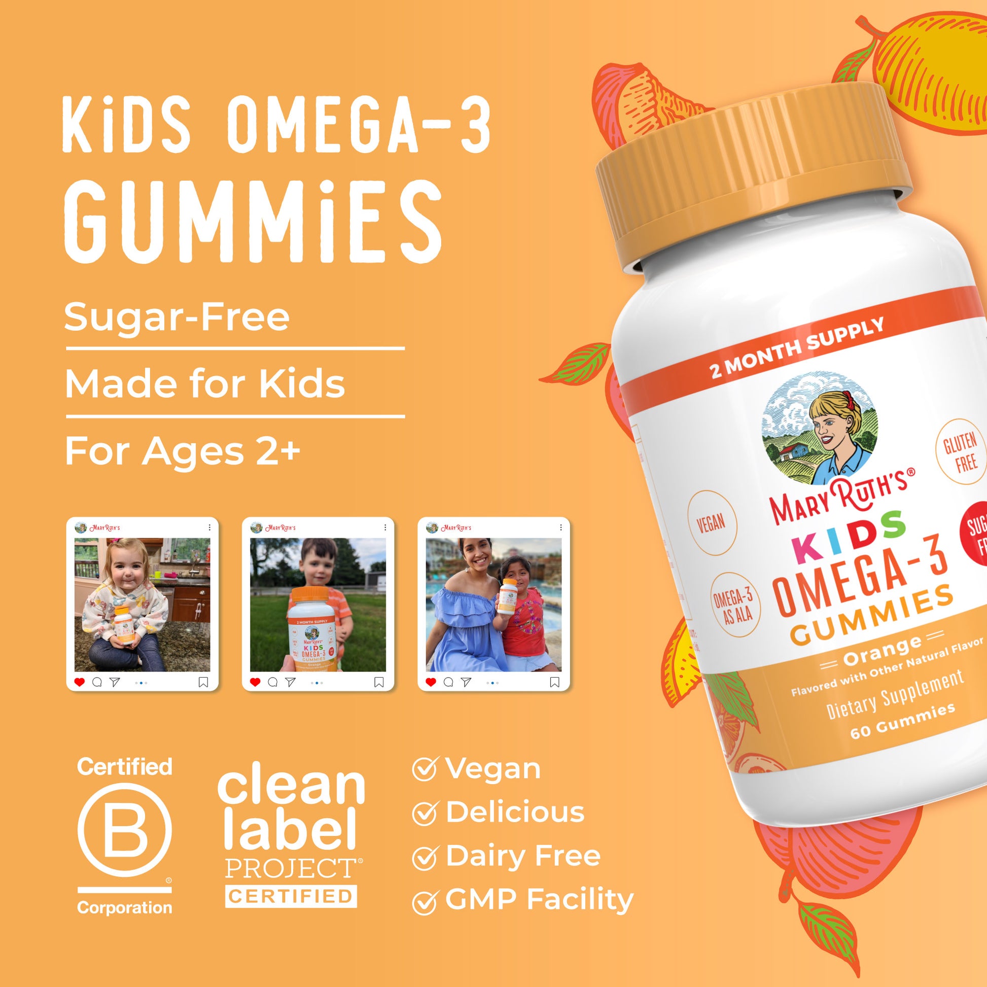 Vegan Kids Omega-3 Gummies (Orange) 60 Count Lifestyle Bottle