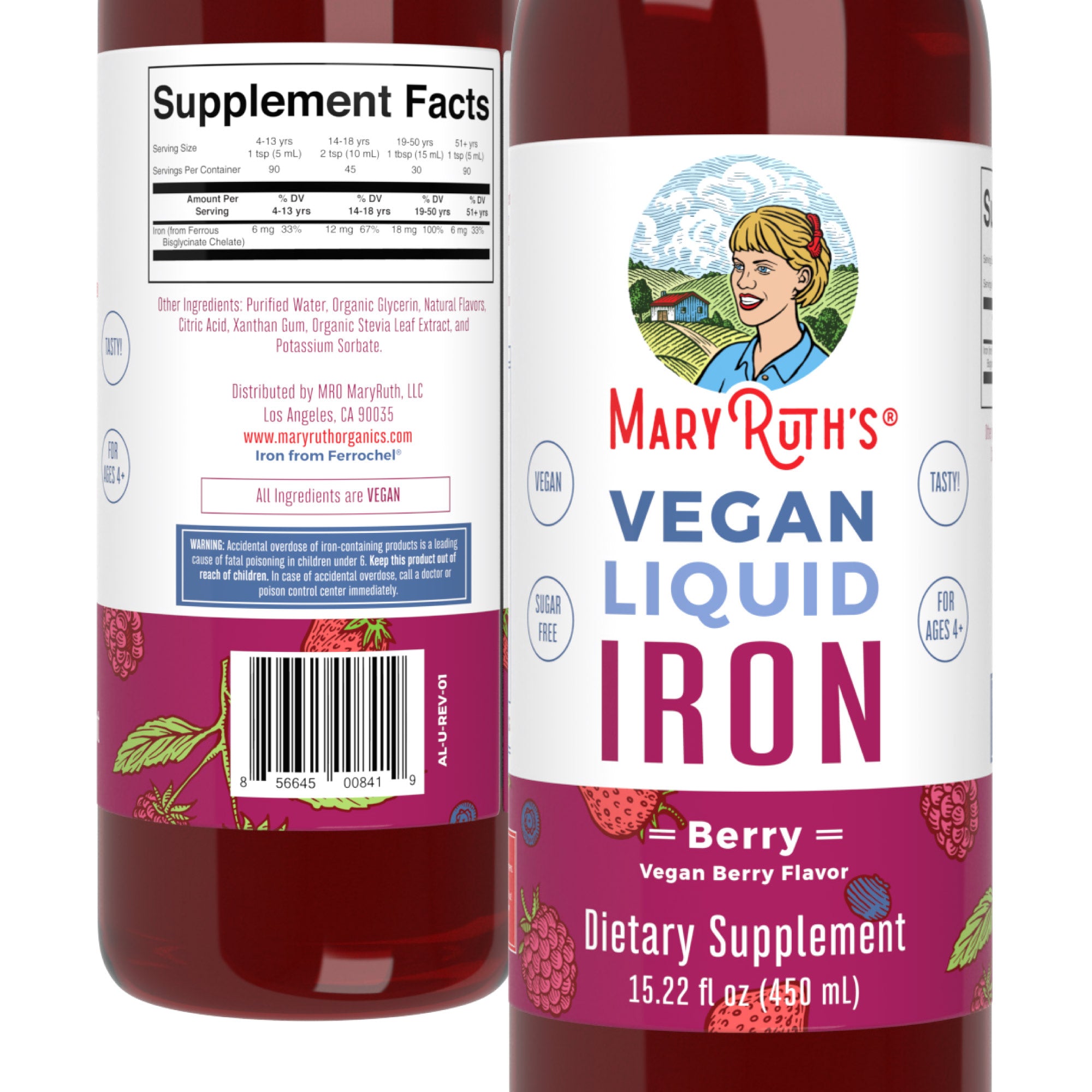 MaryRuth Liquid Iron Berry Flavor Product Image Back Front of Bottle