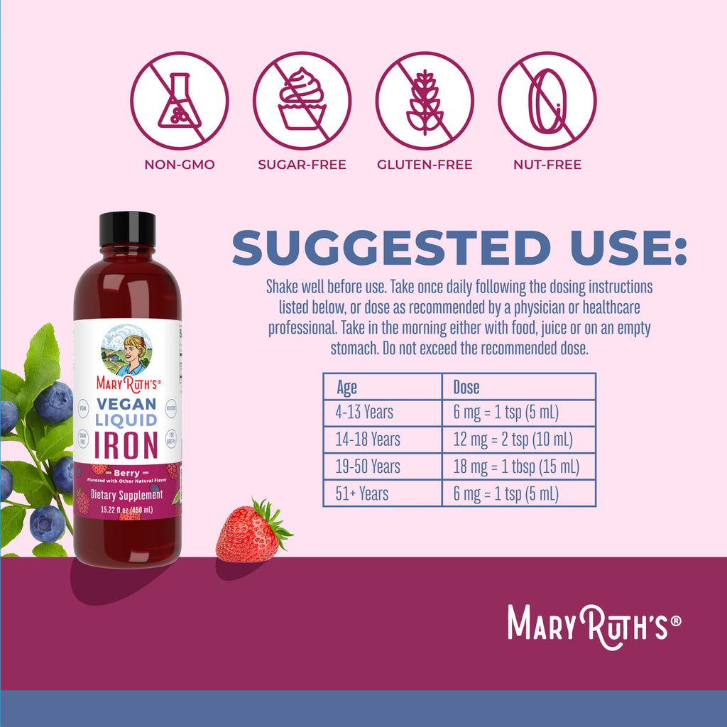 Vegan Liquid Iron 15oz Mixed Berry Suggested Use