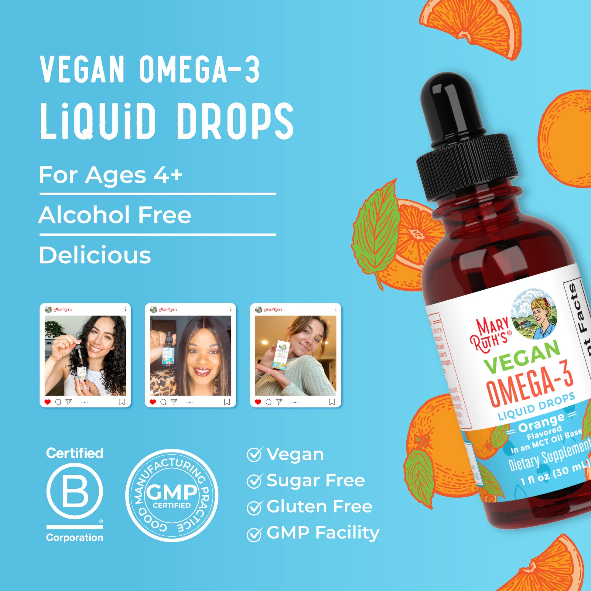 Vegan Omega-3 Liquid Drops (Orange) 1 oz Lifestyle Bottle