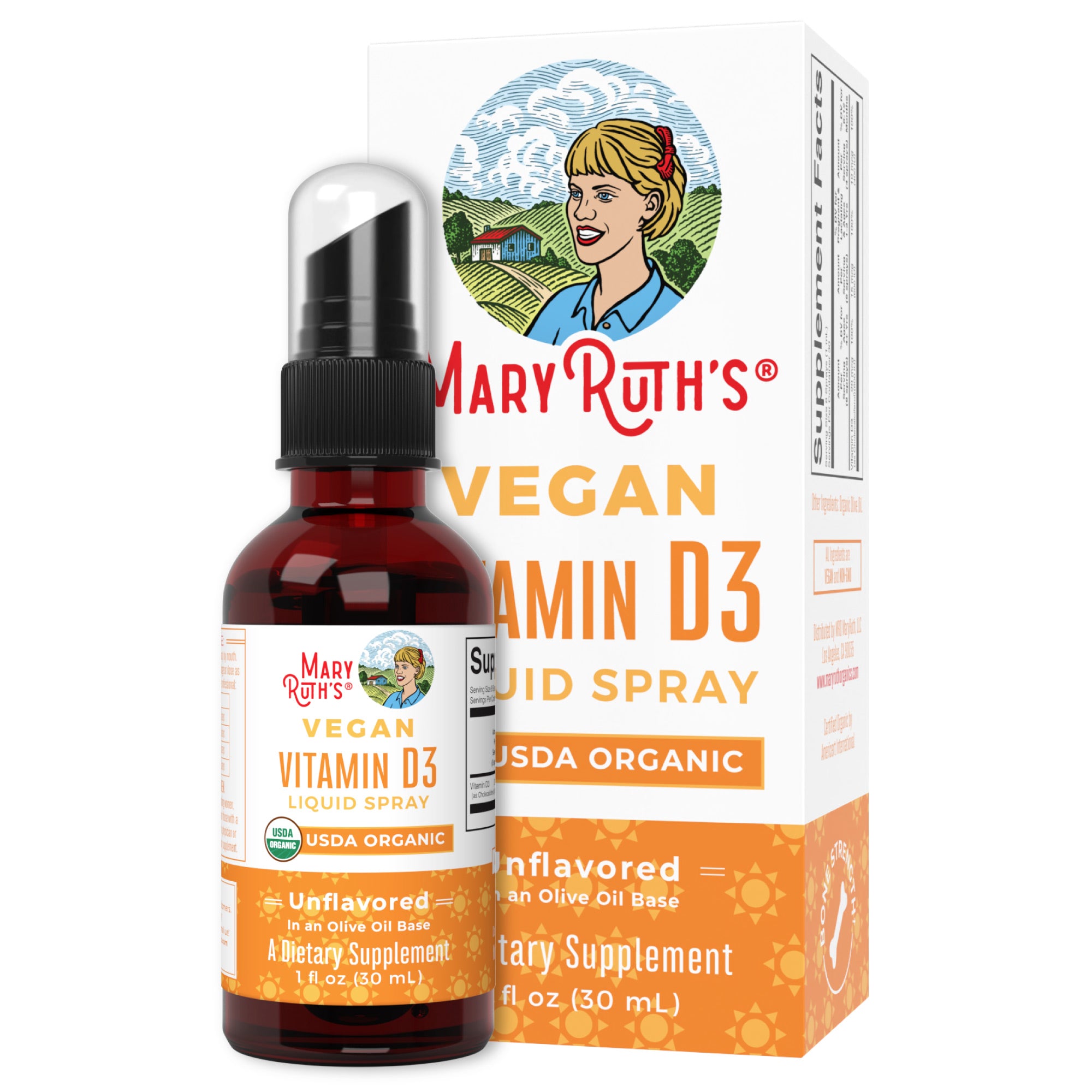 MaryRuth Vegan Liquid Vitamin D3 Spray Unflavored Product Image Bottle + Box
