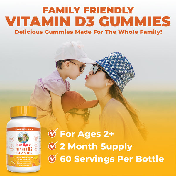 MaryRuth Vegan Vitamin D3 Gummies For Kids & Adults Lemon, Strawberry & Orange Flavor Product Overview