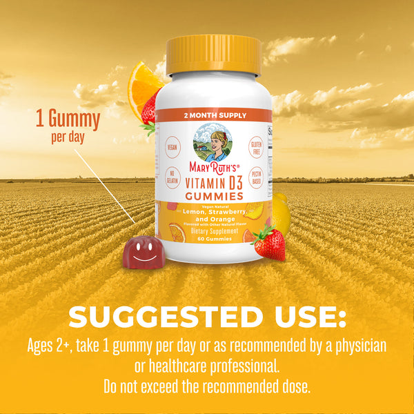 MaryRuth Vegan Vitamin D3 Gummies For Kids & Adults Lemon, Strawberry & Orange Flavor Suggested Use