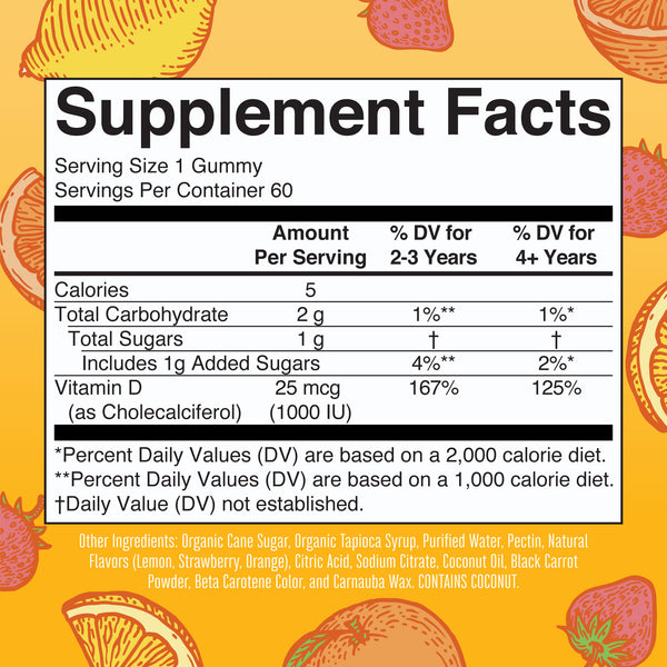 MaryRuth Vegan Vitamin D3 Gummies For Kids & Adults Lemon, Strawberry & Orange Flavor Supplement Facts