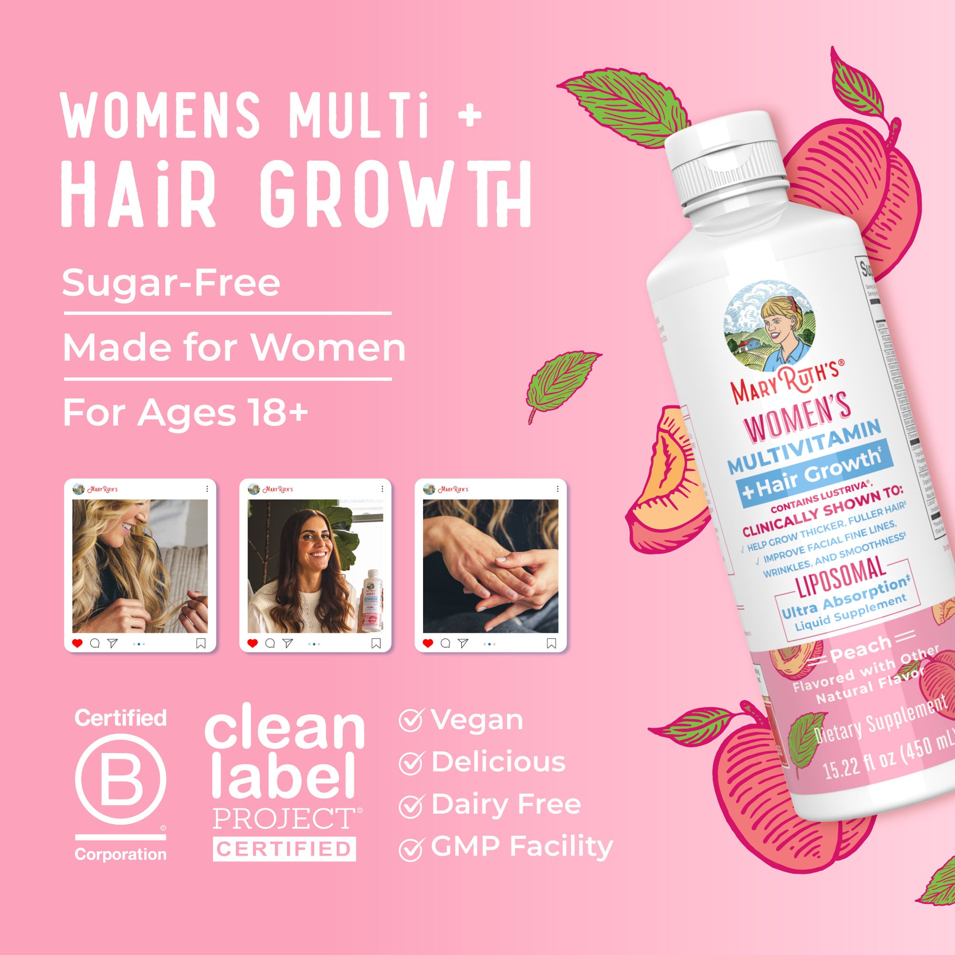 Women’s Multivitamin + Hair Growth Liposomal (Peach) 15 oz Lifestyle Bottle