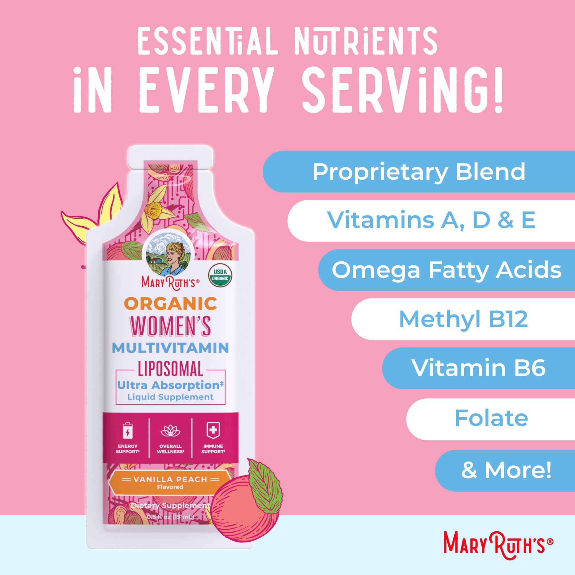 Women’s Organic Multivitamin Liposomal Pouches (Vanilla Peach) Ingredients