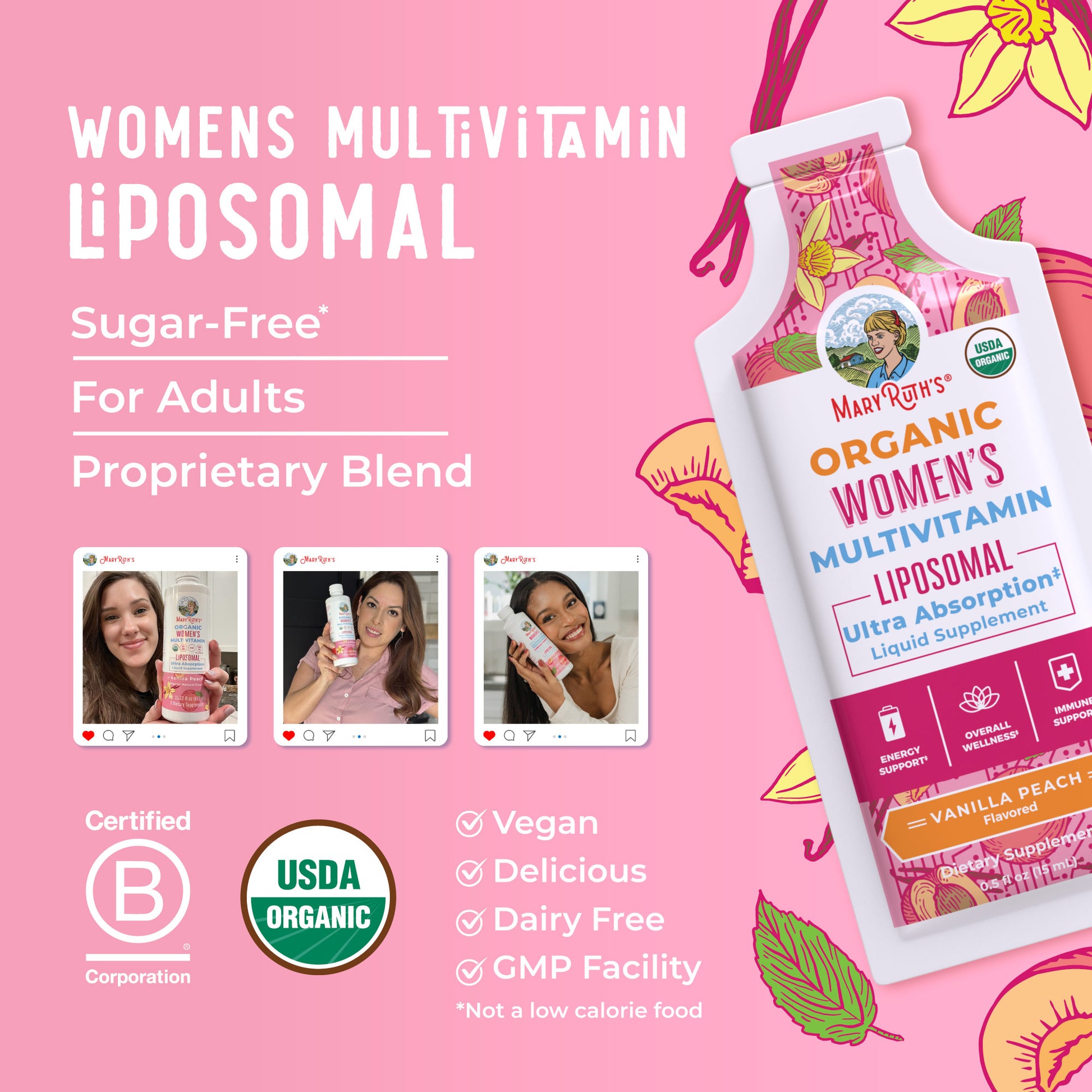 Women’s Organic Multivitamin Liposomal Pouches (Vanilla Peach) Lifestyle Bottle