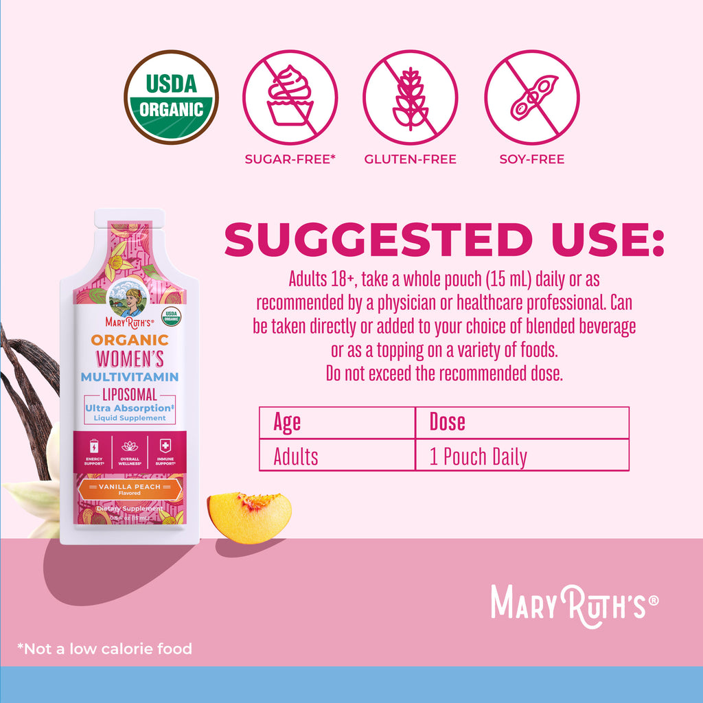 Women’s Organic Multivitamin Liposomal Pouches (Vanilla Peach) Suggested Use