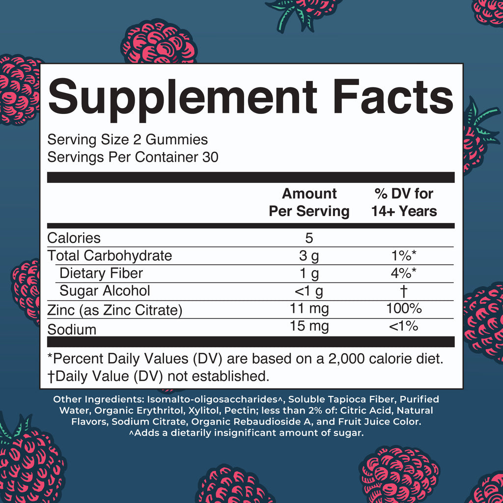 Zinc Gummies Immune Function Tart Raspberry 60 ct Supplement Facts