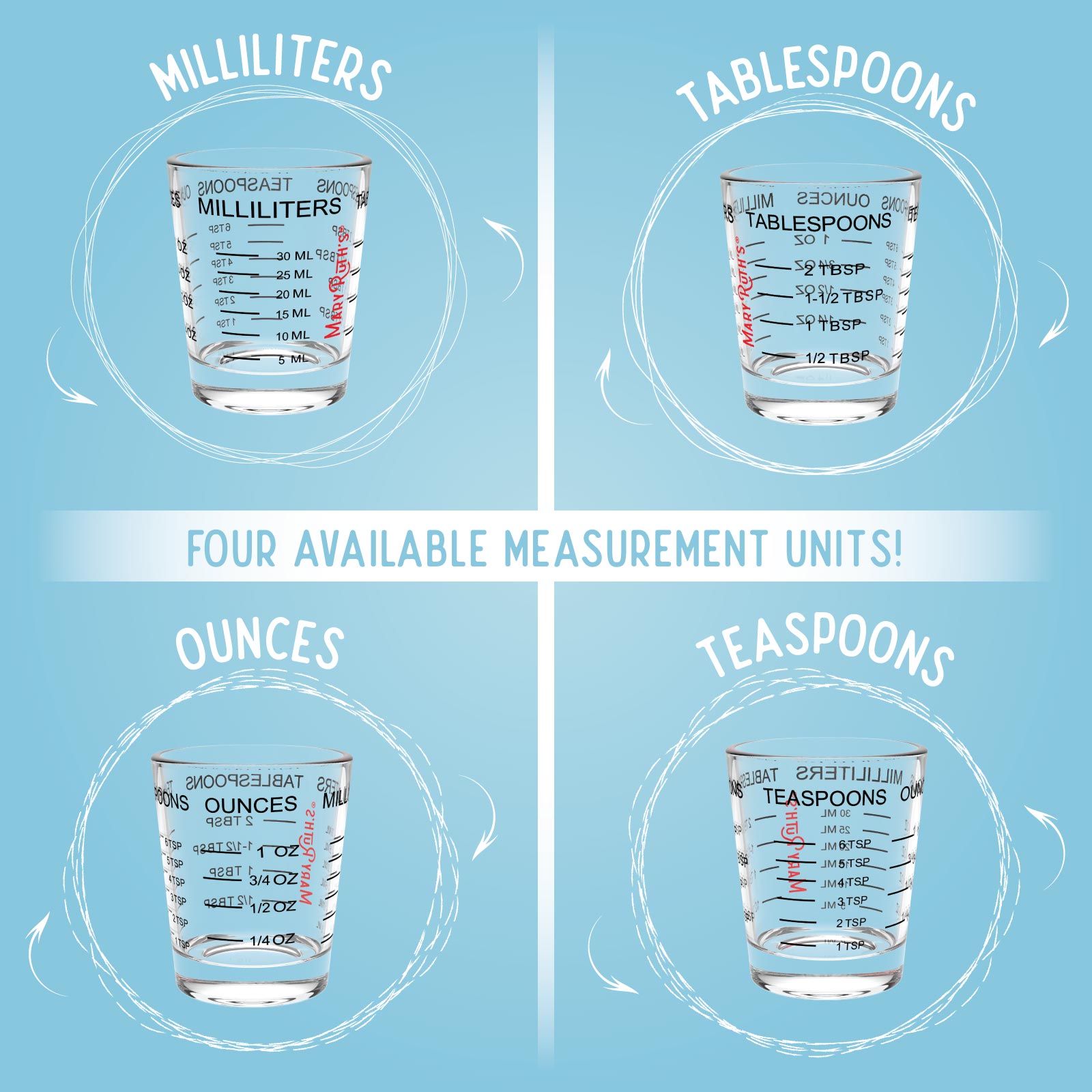 MaryRuth Measuring Cup Shot Glass  Four available measurement units