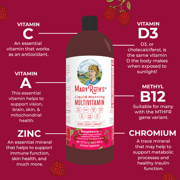 MaryRuth Liquid Morning Multivitamin 16oz Raspberry flavor Health Benefits