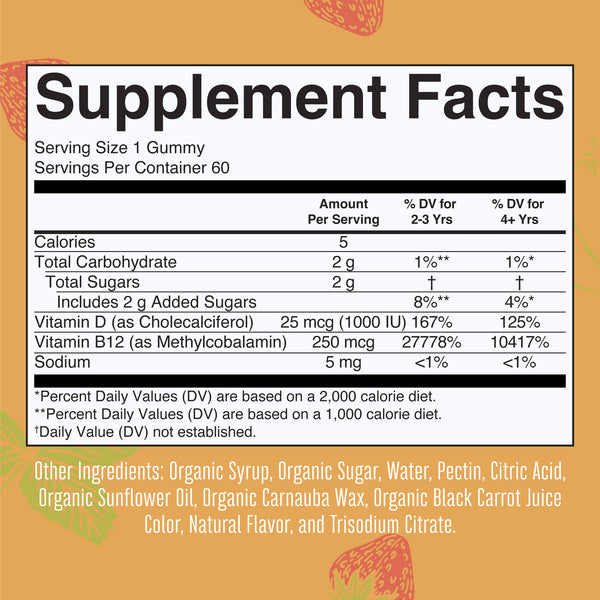 MaryRuth Organic D3+B12 Gummies strawberry flavor Supplement Facts