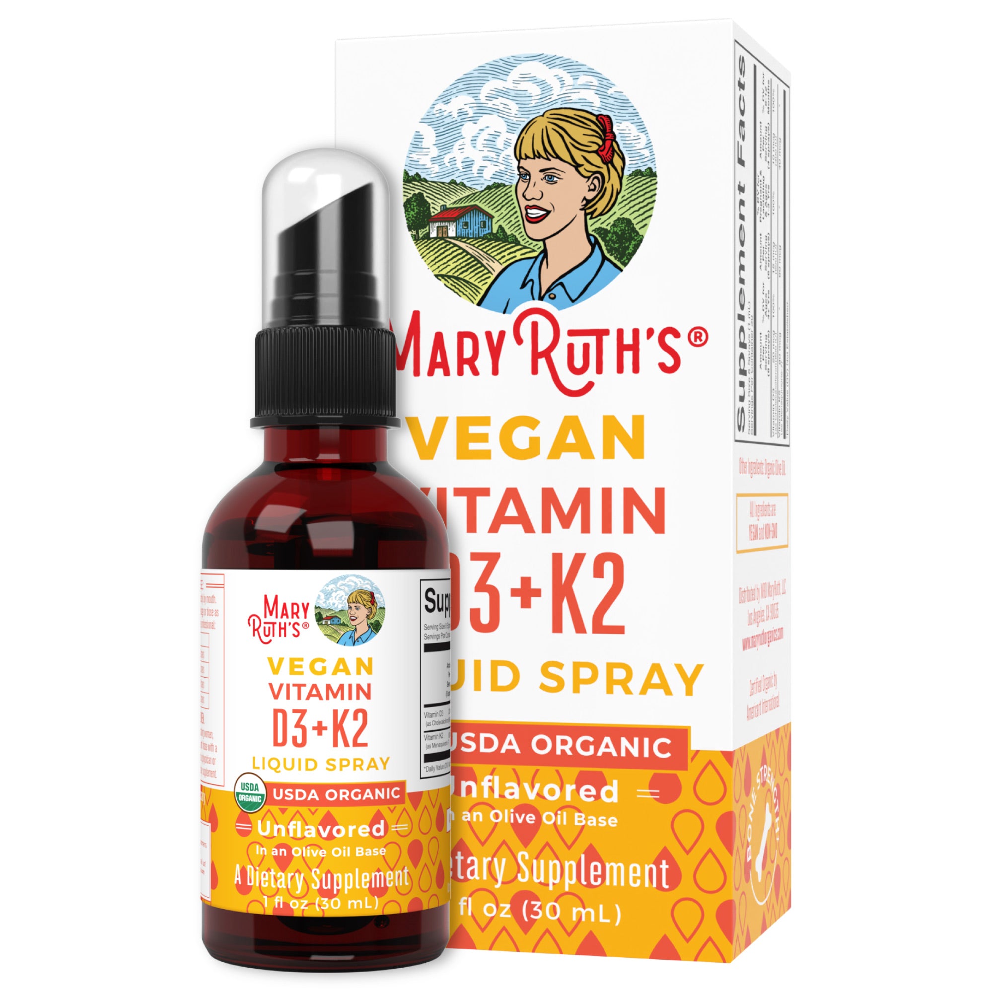 MaryRuth Organic Vegan Liquid Vitamin D3 & K2 Spray For Bone & Heart Health Unflavored Product Image Bottle + Box