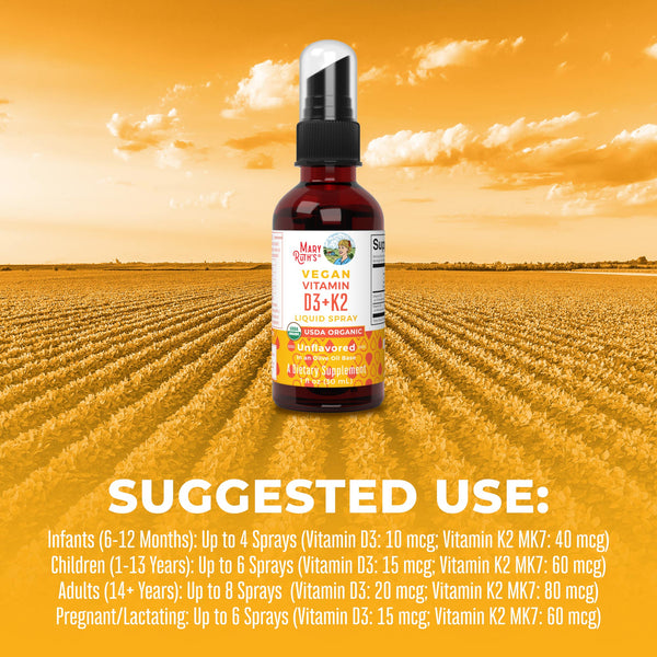 MaryRuth Organic Vegan Liquid Vitamin D3 & K2 Spray For Bone & Heart Health Unflavored Suggested Use