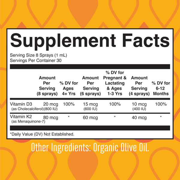 MaryRuth Organic Vegan Liquid Vitamin D3 & K2 Spray For Bone & Heart Health Unflavored Supplement Facts