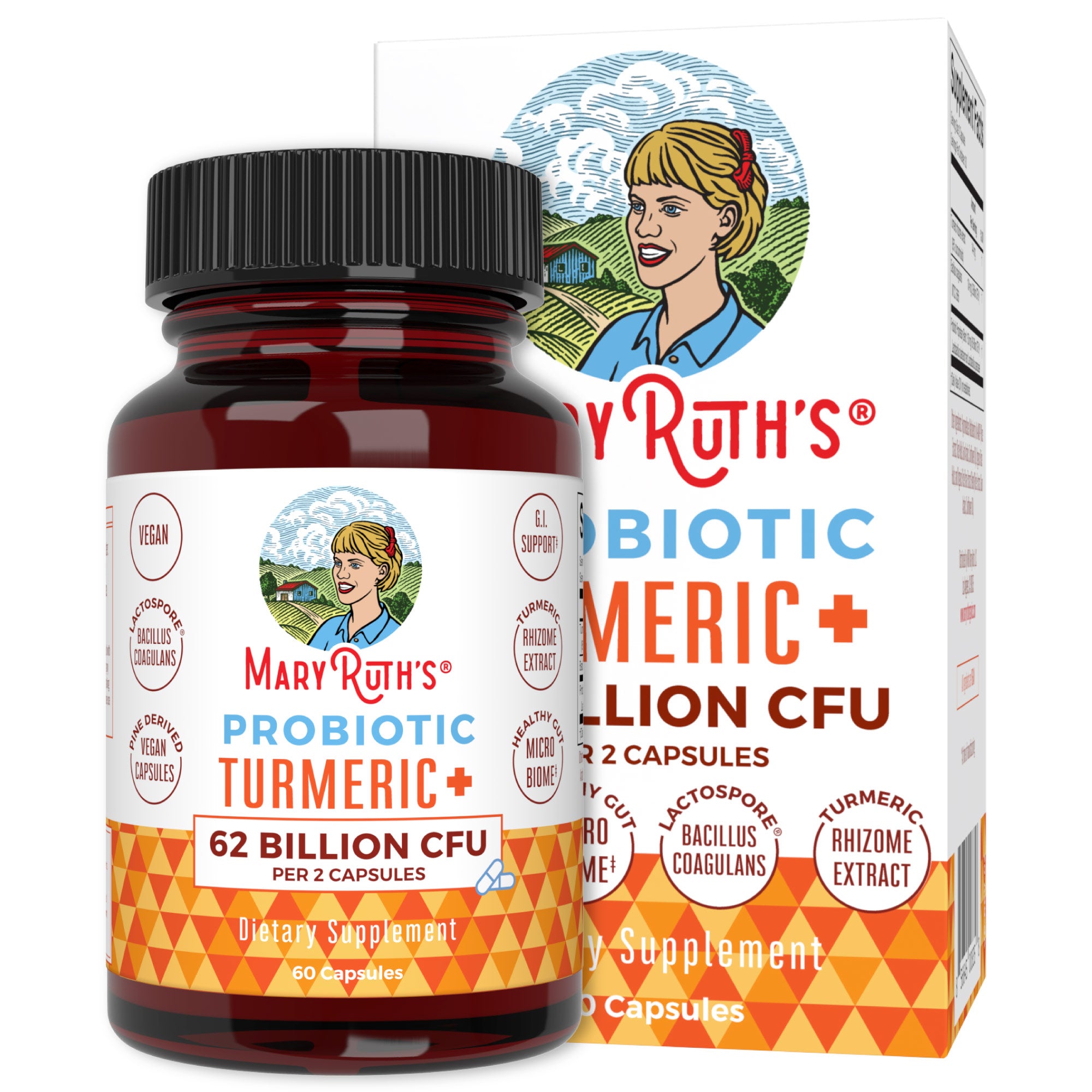MaryRuth Turmeric Probiotics For Gut Health Capsules Product Image Bottle + Box