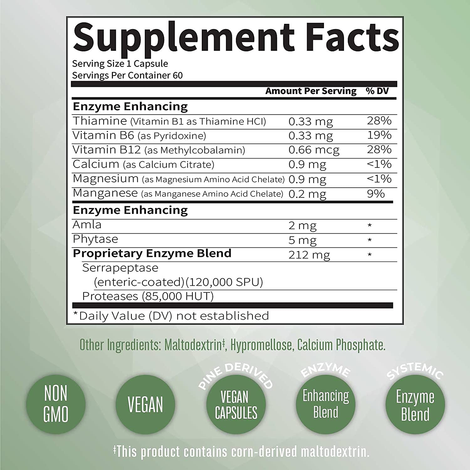 Serrapeptase Systemic Enzymes 60 Capsules Supplement Facts