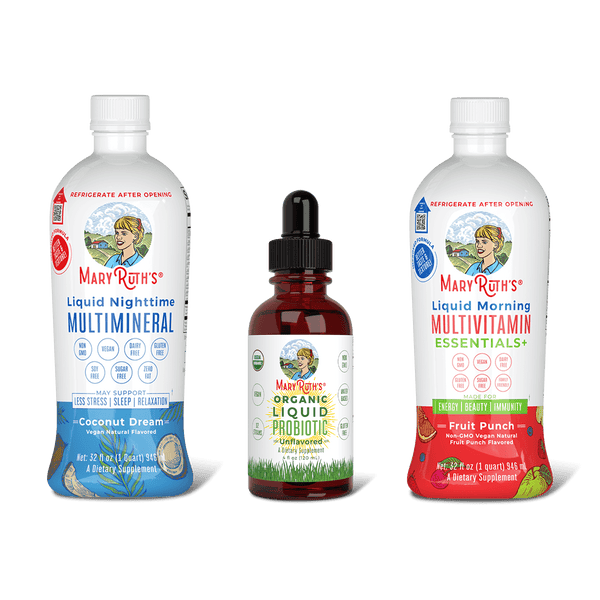 MaryRuth Triad Of Health  Liquid Nighttime Multimineral coconut dream flavor, Organic Liquid Probiotic & Liquid Morning Multivitamin Essentials Fruit Punch Flavor Product Image, no background