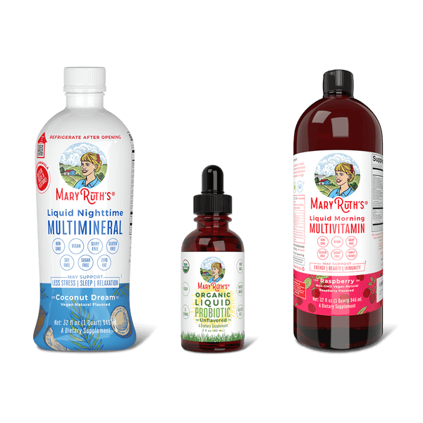 MaryRuth Triad Of Health  Liquid Nighttime Multimineral coconut dream flavor, Organic Liquid Probiotic & Liquid Morning Multivitamin Raspberry Flavor Product Image, no background