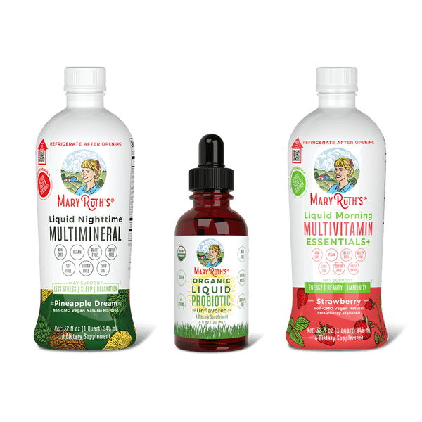MaryRuth Triad Of Health  Liquid Nighttime Multimineral Pineapple Dream flavor, Organic Liquid Probiotic & Liquid Morning Multivitamin Essentials Strawberry Flavor Product Image, no background
