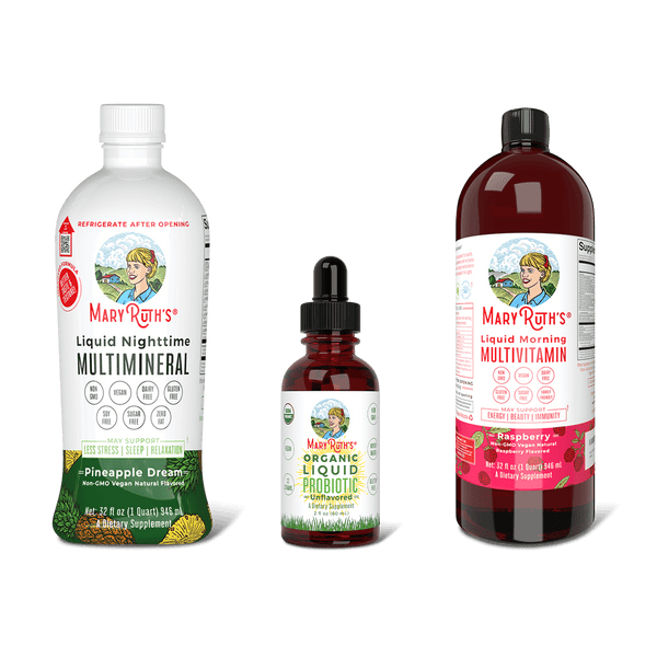 MaryRuth Triad Of Health  Liquid Nighttime Multimineral Pineapple Dream flavor, Organic Liquid Probiotic & Liquid Morning Multivitamin Raspberry Flavor Product Image, no background
