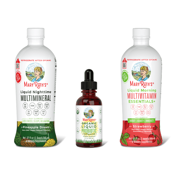 MaryRuth Triad Of Health  Liquid Nighttime Multimineral Pineapple Dream flavor, Organic Liquid Probiotic & Liquid Morning Multivitamin Essentials Strawberry Flavor Product Image, no background